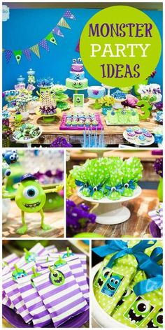 monsters birthday party with green, purple and blue decorations on the tablecloths is featured in this collage