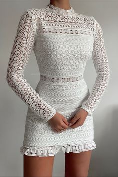 The Riverdale Dress in white features a gorgeous custom made lace with beautiful detail at the neckline, waist and hem. It has full lining with no lining at the Sleeve Ruffles, Lace Bodycon Dress, Western Dresses, Lace White Dress, Classy Dress, Art Clothes, Outfit Idea, Dress Designs, Classy Outfits