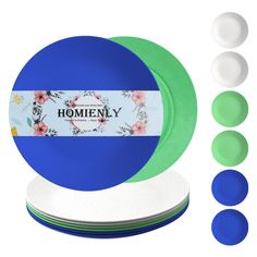 a set of four blue and green plates next to each other with the words homiey on them