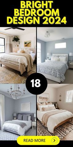 four different pictures of a bedroom with white furniture and blue walls, including a bed