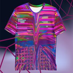 Step into the future of fashion with our Vaporwave Shirt! Inspired by retro-futuristic aesthetics, graffiti style, and the rhythm of vaporwave and synthwave, this t-shirt features a stunning all-over print that will make heads turn. Made with premium knit mid-weight jersey fabric that's 95% polyester and 5% elastane, this shirt is not only incredibly comfortable, but also stretches and recovers in all directions for a perfect fit. Our Vaporwave Shirt is more than just a piece of clothing, it's a Cyberpunk Graphic Print T-shirt For Streetwear, Urban Multicolor Graphic T-shirt, Urban Style Multicolor Graphic T-shirt, Fitted Rave T-shirt For Streetwear, Urban Purple T-shirt With Graphic Print, Cotton T-shirt With Abstract Print For Streetwear, Cyberpunk Crew Neck T-shirt For Streetwear, Cyberpunk Short Sleeve Tops For Streetwear, Sublimation Print Tops For Streetwear At Music Festivals