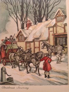 an old fashioned christmas card with horses pulling a sleigh