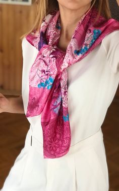 Luxury Pink Scarf For Gift, Pink Feminine Silk Scarf, Pink Shawl Scarf, Pink Floral Print Silk Scarf, Floral Patterned Silk Scarf, Elegant Patterned Silk Scarves, Elegant Pink Floral Print Scarves, Silk Floral Print Scarf As Gift, Silk Scarf With Floral Print For Gift