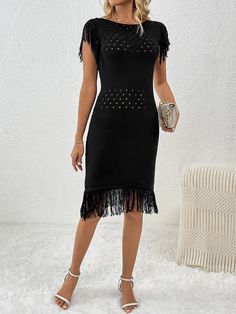 Black Fringe Midi Dress, Knit Fringe, Intricate Crochet, Crop Top Blouse, Daily Dress, Knit Midi Dress, Maxi Dress Party, Black Midi Dress, Comfortable Fashion