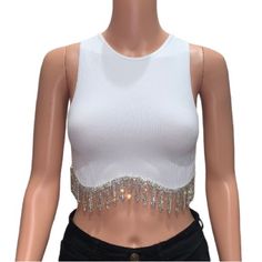 This Fun Crop Top Was Designed With Silver Jewel Rhinestones In The Torso Area That Gives A Fun Festive Look Fit For Any Occasion. Elegant Rhinestone Crop Top For Summer, White Rhinestone Party Tops, Glamorous White Tops With Rhinestones, White Top With Rhinestones For Night Out, Baggy Crop Top, Light Blue Crop Top, Silk Bralette, Navy Crop Top, Athletic Crop Top