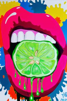 a painting of a lime slice with dripping paint on it's lips and mouth