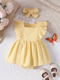 Baby Girl Spring/Summer Yellow Lace Trimmed Bodysuit With Ruffle Hemline, Headband, Suitable For Daily Casual Cute And Fashionable Outfits Yellow     Plain Shirt Slight Stretch  Baby Girls Clothing, size features are:Bust: ,Length: ,Sleeve Length: Yellow Baby Clothes, Infant Dresses, Random Video, Summer Baby Clothes, Summer Yellow, Yellow Outfit, Fashionable Outfits