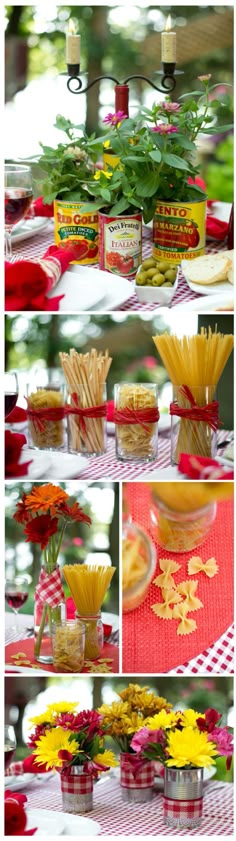 various pictures of food and flowers on a table