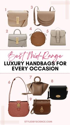 Best Mid-Range Luxury Handbags for Every Occasion: collage features styles from brands Demellier London, Senreve, Cuyana, and Mulberry. Luxury Accessories Woman, Classy Purses, Structured Handbags, Chic Purses