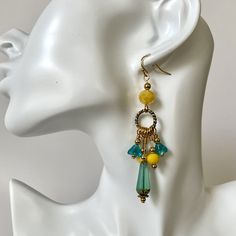 Yellow Dangling Drop Earrings, Gold Earrings With Faceted Czech Glass Beads, Yellow Drop Earrings With Colorful Beads, Gold Czech Glass Earrings With Faceted Beads, Yellow Teardrop Earrings With Dangling Beads, Turquoise Faceted Bead Earrings, Yellow Drop Earrings With Dangling Beads, Turquoise Earrings With Faceted Beads, Yellow Beaded Earrings With Czech Glass