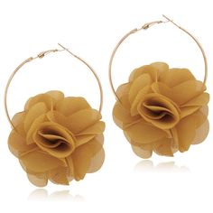 two pairs of gold hoop earrings with large flower on each side and mesh detail at the bottom