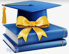 a blue graduation cap with a yellow ribbon on top of two books that are stacked together