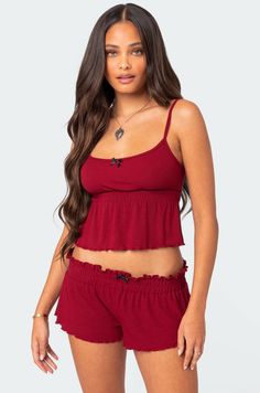 Gilmore Ribbed Tank Top Ginny N Georgia, Lounge Wear Ideas, Island Fits, Maroon Tank Top, Babydoll Tops, Lettuce Hem, Ribbed Shorts, Cute Tank Tops