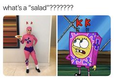 two pictures one with an image of a cartoon character and the other with text that reads, what's a salad?????????????????????????????????