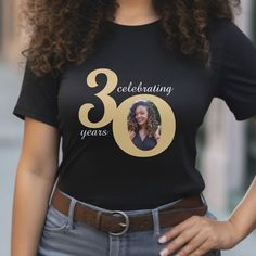 a woman wearing a 30th birthday t - shirt with the words celebrating 30 years on it