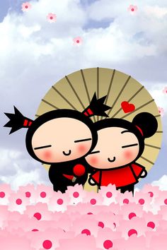 two cartoon characters are hugging under an umbrella