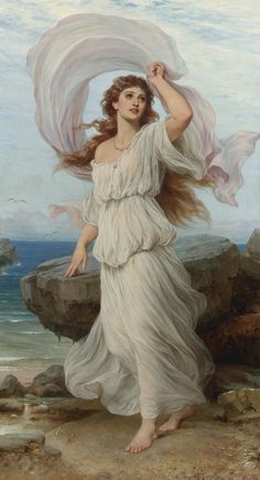 a painting of a woman in white dress on the beach with her hair flying over her head