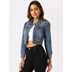 This is a fit H-shaped denim jacket with a lapel collar. It is made of thick and warm denim fabric, which becomes soft and comfortable after washing. The front center uses a button door to open and close with a regular lapel, which is very simple and practical. The front symmetrical chest pockets and puff sleeves add elegance and romance. It is suitable for the 18-35-year-old light mature group to get off work, go shopping, and make appointments. It is the perfect lightweight jacket for a casual Denim Blue Cropped Denim Jacket For Winter, Winter Cropped Denim Jacket In Denim Blue, Winter Denim Blue Cropped Denim Jacket, Get Off Work, Off Work, Classic Denim Jacket, Casual Night Out, Faded Jeans, Cropped Denim Jacket