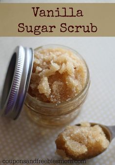 vanilla sugar scrub in a glass jar with spoon