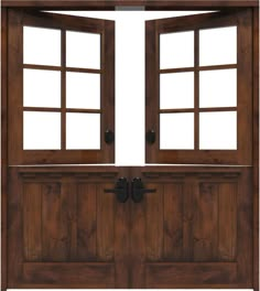 an open wooden door with two windows on each side and one window in the middle