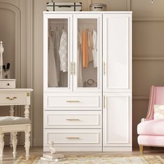 a white armoire sitting next to a pink chair