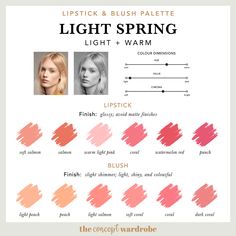 Light Spring Color Palette Asian, Light Spring Colour Analysis, Sunlit Spring Color Palette, The Concept Wardrobe Spring, Light Spring Lipstick Colors, Spring Light Warm Outfit, Light Spring Style, Light Spring Makeup Palette, Light Spring Nail Colors