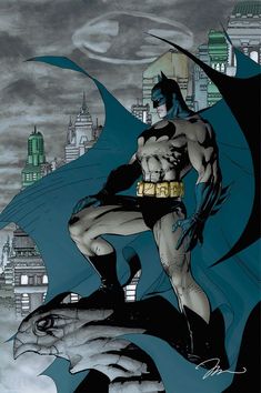 a batman standing on top of a bat in front of a cityscape with skyscrapers