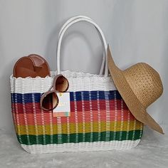 Nwt Woven Beach Plastic Tote Bag Very Strong And Flexible, Vibrant Colors. Perfect For The Beach, A Picnic, Cruise, Vacation And So Much More! *Approx: 22" L X 12.5" H X 7" W 9.5" Handles (Hat,Sunglasses And Sandals Not Included.) No Pets No Smoke **Offers Are Welcomed!! Multicolor Rectangular Beach Bag For Vacation, Multicolor Rectangular Bag For Vacation, White Shoulder Bag With Adjustable Strap For Beach, Large Capacity White Shoulder Bag For Summer, White Adjustable Strap Shoulder Bag For Beach, Multicolor Rectangular Vacation Bag, White Straw Tote Bag For The Beach, White Straw Tote Bag For Beach, White Tote Straw Bag For Beach