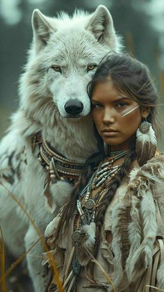 a woman in native clothing hugging a wolf