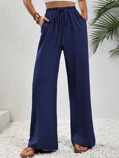 Wide Leg Drawstring Pants - Sydney So Sweet Blue Pants Women, Cobalt Blue Pants, Wide Leg Drawstring Pants, Plus Size Sleepwear, Lace Sleeveless Top, Casual Wide Leg Pants, Plain Blouse, Round Neck Tees, Flounce Sleeve