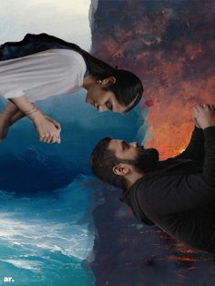 two people standing in front of a painting with water and sky behind them, one man is holding the woman's head