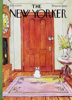 the new yorker magazine cover with a cat sitting in front of a red door