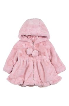 A full skirt and faux fur construction add a luxury finish to this hooded coat. Your little princess will dazzle in any weather. Front zip closure 100% polyester faux fur Imported Pink Hooded Fur Coat With Faux Fur Trim, Spring Hooded Faux Fur Coat, Spring Fluffy Hooded Outerwear, Fluffy Hooded Spring Outerwear, Hooded Fluffy Outerwear For Spring, Girls Outerwear, Hooded Coat, Curator Style, Full Skirt