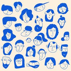 a group of people with different faces drawn in blue on a white background, including one man's head and the other woman's face