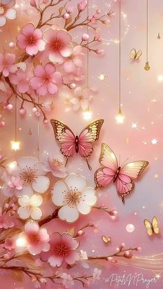 pink flowers and butterflies are hanging from the branches