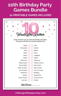 10th Birthday party games with 10 in watercolor pink and pink confetti coming down from the top. The name of each is in black script and overlaps the bottom of the 10. 10 Year Birthday Party Ideas For Girl, Double Digits Birthday Ideas, Girls 10th Birthday Party Ideas, 10th Birthday Ideas, 10th Birthday Party Ideas, Boba Party, 10th Birthday Girl, 10th Birthday Party, Girls Party Games