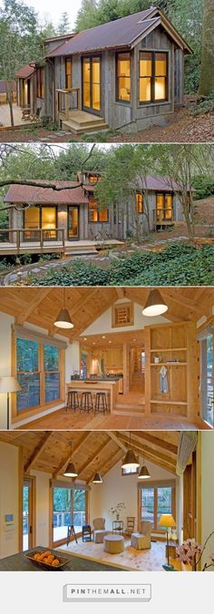 the inside and outside of a house with wood trimmings, windows, and doors