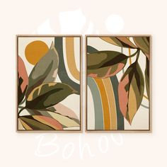 two framed paintings with leaves on them