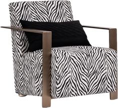 a zebra print chair with black pillows on the armrests and seat padding