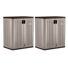 two metal storage cabinets side by side with doors open and one closed on each side