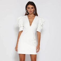 Puff Sleeve Backless V-Neck Buckle Wild Straight Dress | Uniqistic.com Backless Bodycon Dresses, Midi Pencil Dress, Dresses Casual Winter, Elegant Party Dresses, Jumpsuit Outfit, White Dress Party, Backless Mini Dress, Straight Dress, Puff Sleeve Dresses