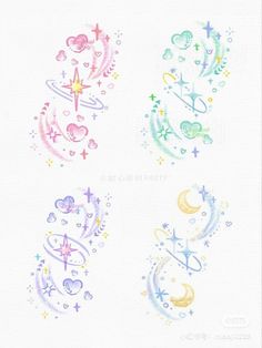 four watercolor tattoos with stars, moon and hearts on white paper in different colors