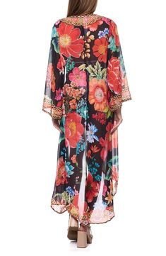 Cover up your beach-ready look with this lightweight duster covered in a floral pattern. Open front Long sleeves 100% polyester Hand wash, dry flat Imported Casual Floral Print Cover-up For Beach Party, Floral Print Open Front Cover-up For Vacation, Casual Floral Print Kimono For Beach, Casual Multicolor Print Kimono For Beach, Casual Beach Party Cover-up With Floral Print, Open Front Floral Print Cover-up For Vacation, Long Spring Kimono For Beach Party, Floral Print Beachwear Kimono For Beach Season, Floral Print Beachwear Kimono For Beach