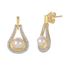 Gold-Plated 5-5.5mm Cultured Pearl and Created Sapphire Earrings  A birthday. A graduation. An anniversary. Just because. The perfect present for special days (or for any day), this modern pearl and created sapphire earring boasts timeless charm that always delights. Wonderful for a favorite person or for you!                   Each approx. 3/4"L x 1/2"W     Stamped .925 sterling silver; gold plating; polished finish      Pierced with butterfly backs    Stone Information       All sizes and weig Anniversary Bridal Earrings With Pearl Drop In Yellow Gold, Anniversary Bridal Earrings In Yellow Gold With Pearl Drop, Classic Yellow Gold Bridal Earrings For Anniversary, Anniversary Yellow Gold Bridal Earrings With Pearl Drop, Elegant Oval Bridal Earrings For Anniversary, Pearl Drop Diamond Earrings For Anniversary, Gold Brilliant Cut Pearl Earrings For Anniversary, Yellow Gold Cubic Zirconia Pearl Earrings For Anniversary, Anniversary Yellow Gold Pearl Earrings With Cubic Zirconia