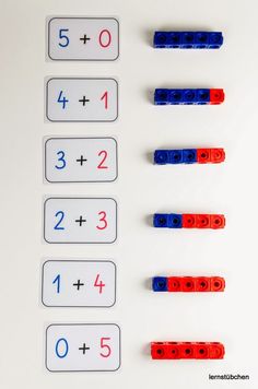 legos are arranged in rows to form the numbers for this addition game with instructions