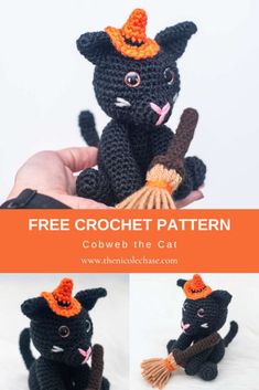 a crocheted black cat holding a broom and wearing a witches hat with the caption free crochet pattern