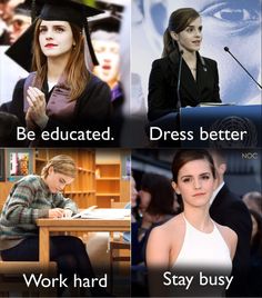 four different pictures of women in graduation caps and gowns, with the words be educated, dress better, work hard, stay busy