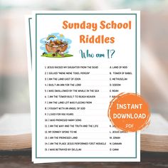 an open book with the words sunday school riddles on it