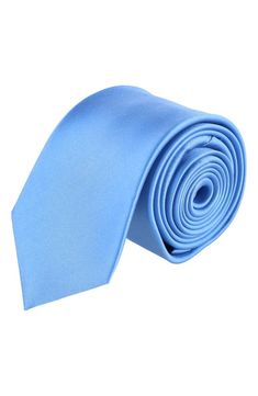 A satin finish adds dapper style to this handsome tie crafted from luxurious silk. 57 1/2" length; 3" width 100% silk Dry clean Imported Blue Silk Tie For Black Tie Events, Classic Blue Neckwear For Black Tie Events, Classic Blue Neckwear For Semi-formal Occasions, Elegant Blue Neckwear For Black Tie Events, Blue Silk Neckwear For Formal Occasions, Elegant Blue Neckwear For Business, Classic Blue Ties For Formal Occasions, Fitted Blue Neckwear For Black Tie Events, Elegant Blue Neckwear For Black Tie Occasions