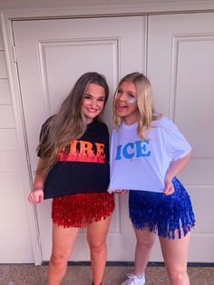 two women standing next to each other in front of a door wearing t - shirts with the word ice on them